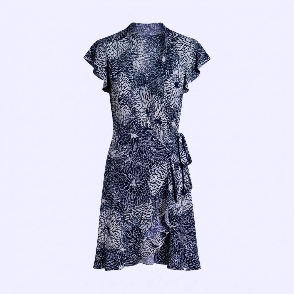 Navy Blue White Floral Wrap Boho‎ Dress Ruffle Chic Sleeve V-Neck Knee Length S